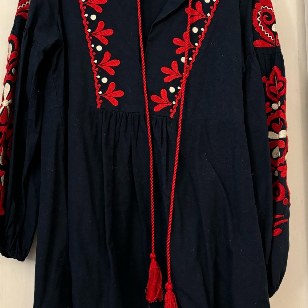 Bohemian Black Dress with Red Embroidery